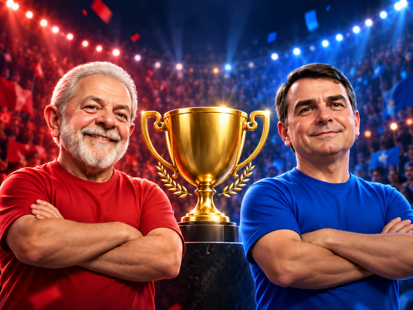 Banner da arena com vermelho à esquerda, troféu ao centro e azul à direita